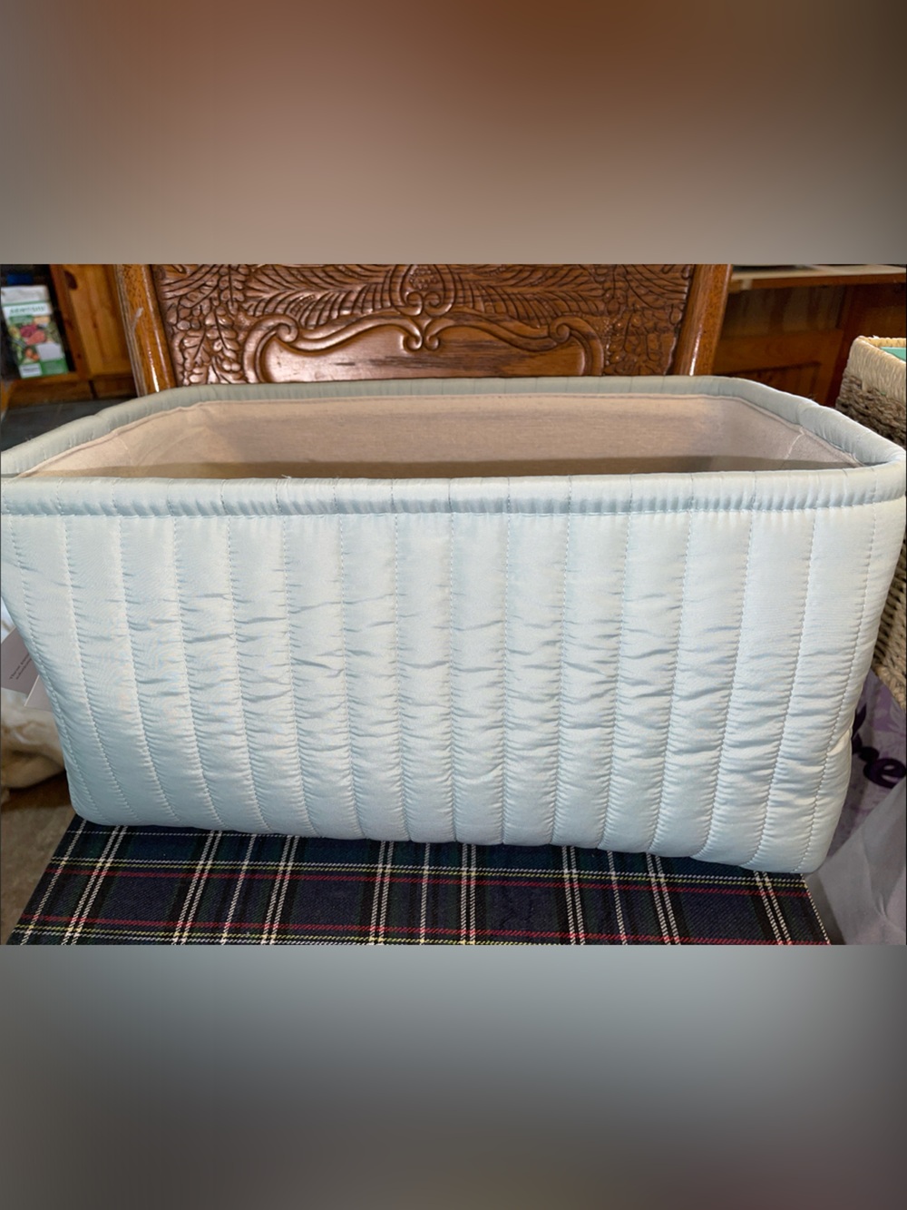 Quilted Light Green Fabric Storage Bin - Home Organization